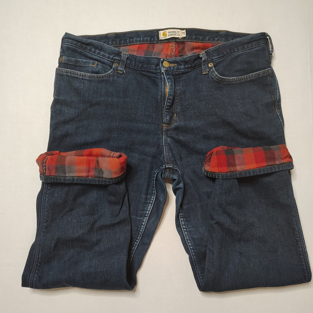 Carhartt Denim Flannel Plaid Original Fit Straight Leg Jeans Women's 18 Short